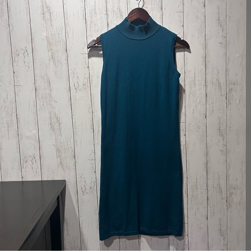 Simon Jeffery Teal Bodycon Knit Dress Sleeveless Minimalalist Chic Size Medium